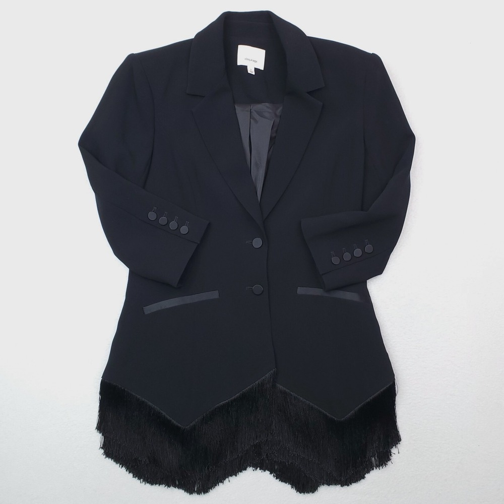 Cinq a‎ Sept Jacket Womens 6 Black Violetta Blazer Mini Dress Fringe V Neck